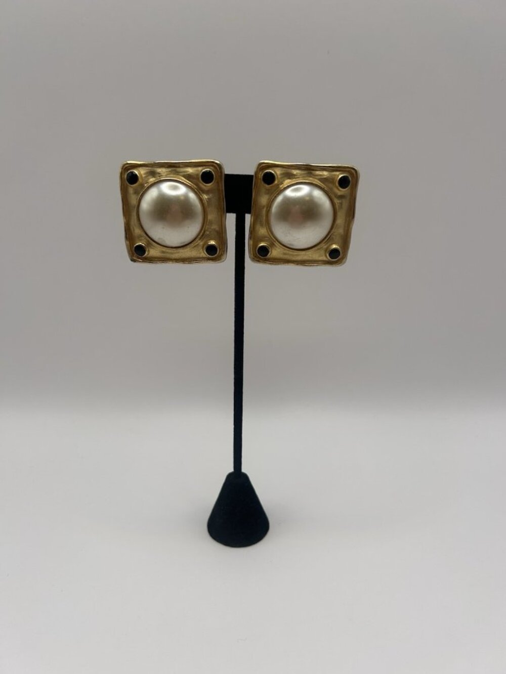Vintage Clip On Earrings Large Faux Pearl Matte Gold Tone Black Etruscan Square